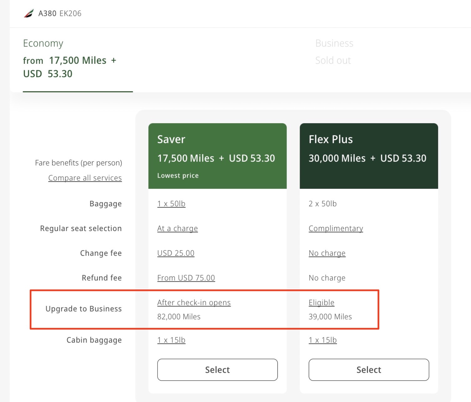 Emirates fares with upgrade to business class highlighted. 